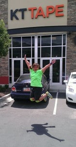 Dee Cajiuat jumps for joy has she reaches KT Tape headquarters on vacation last month.